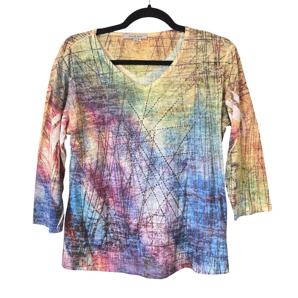 Jess & Jane Small Top Womens Multicolor Abstract Rhinestone 3/4 Sleeve V-Neck